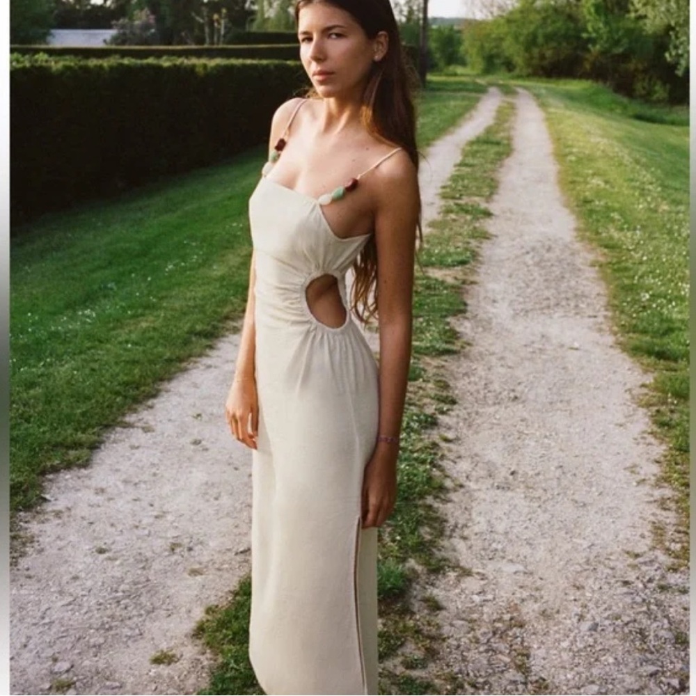 Linen Cutout Maxi Dress with Beaded Straps